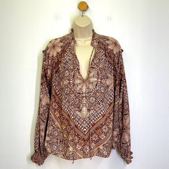 Free People - Little Runway Brown And Creme Print Boho Long Sleeve Blouse Small - Picture 1 of 12